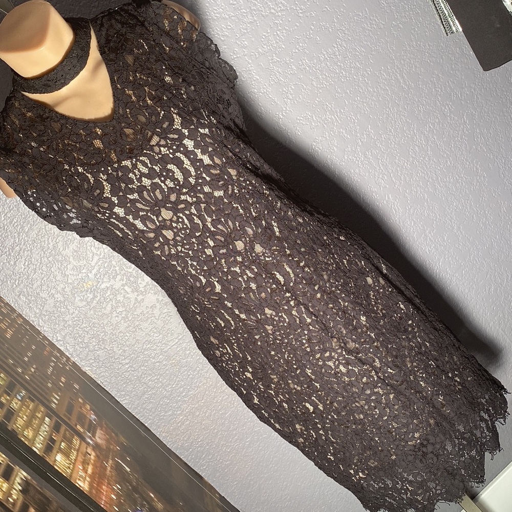 BAR III - black lace ruffled midi dress w spandex nude attached slip - zip - L